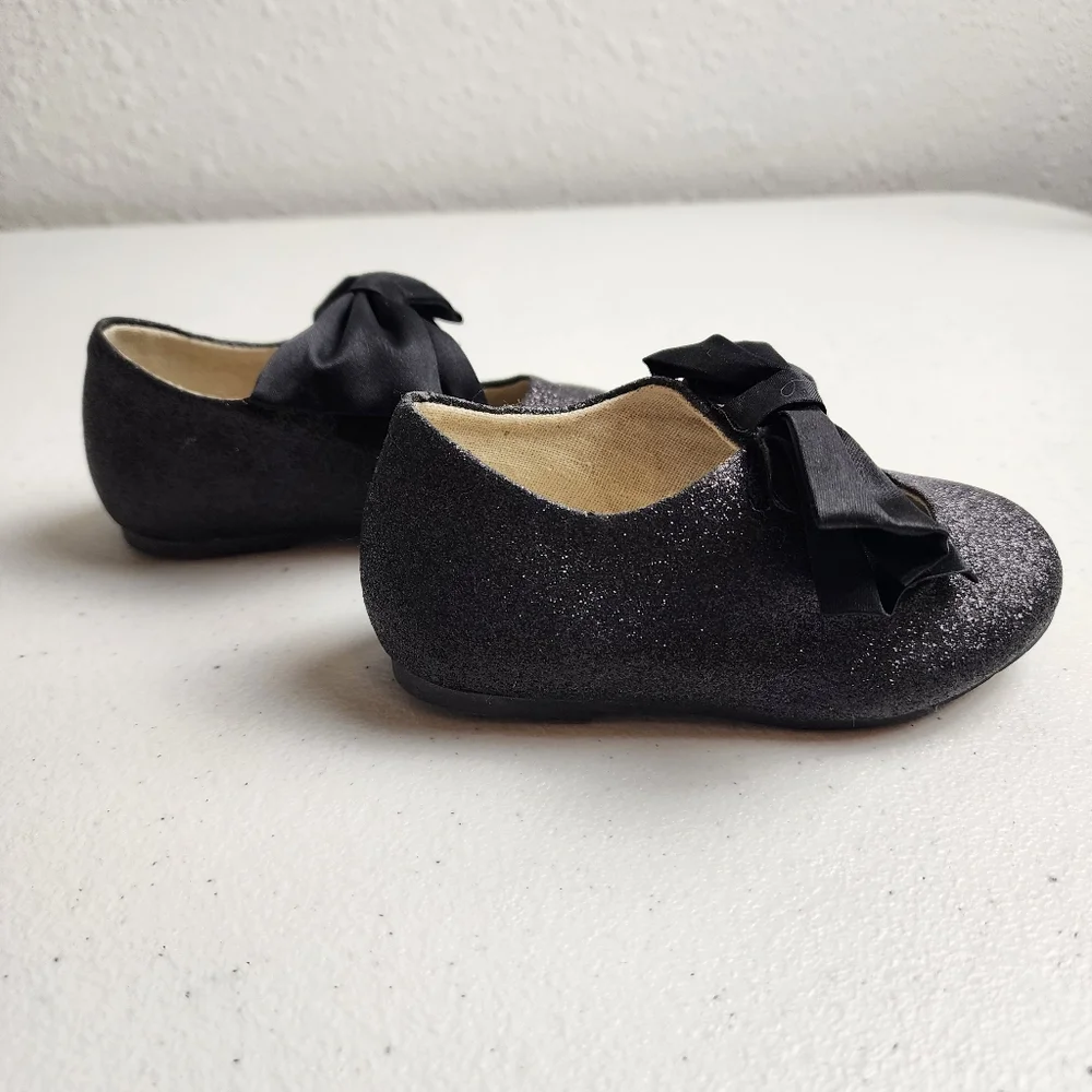 Joyfolie Toddler Girls Black Glitter Bow Ballet Flats Dress Shoes